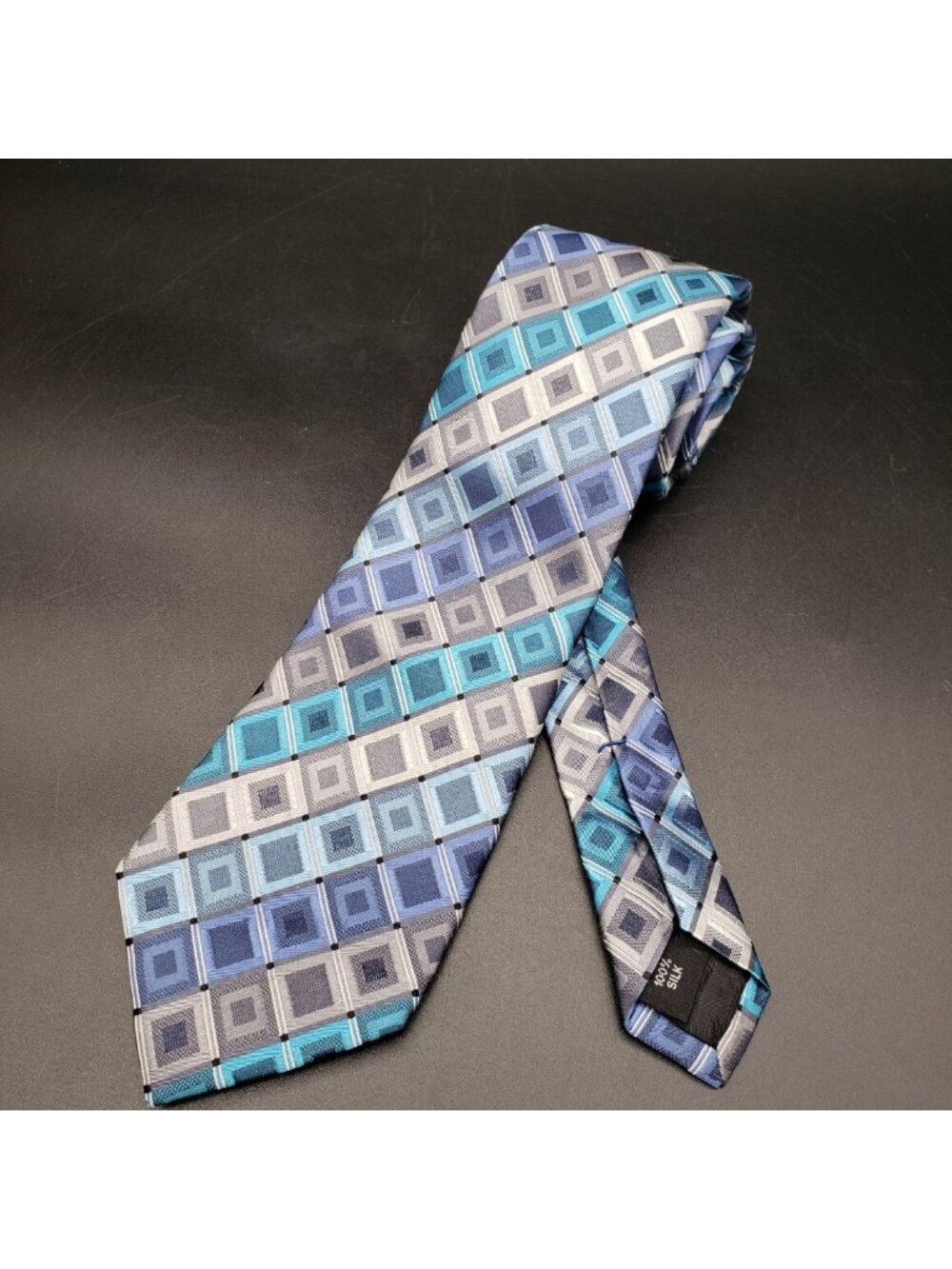 Kenneth Cole Reaction Silk Tie Blue Gray 58" Geometric Squares Diagonal VTG